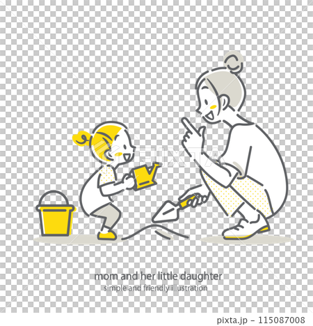 砂場で一緒に遊ぶお母さんと女の子　シンプルでお洒落な線画イラスト 115087008