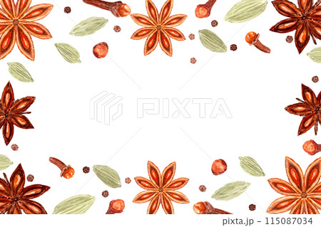 Star anise, cardamom, clove, black pepper watercolor frame on a white background. Spices with detailed texture and shades. Perfect for culinary, botanical projects, cards, posters, spice containers 115087034