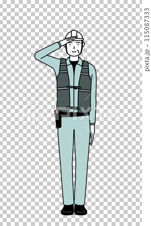一位戴著頭盔和工作服的高級男工程師敬禮 115087333