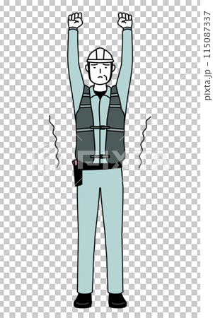 A senior male engineer in a helmet and work clothes stretching A senior male engineer in a helmet and work clothes stretching 115087337