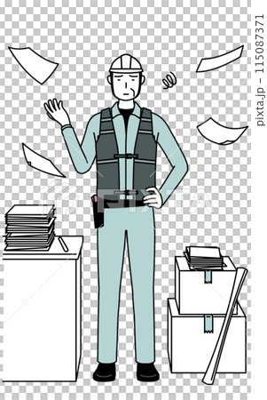 片付かない業務にうんざりするヘルメットと作業着姿のシニア男性技師 115087371