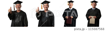 Man over 50 wearing cap and gown for graduation ceremony. Elderly graduate. Man over 50 wearing cap and gown for graduation ceremony. Elderly graduate. 115087568