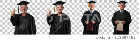 Man over 50 wearing cap and gown for graduation ceremony. Elderly graduate. Man over 50 wearing cap and gown for graduation ceremony. Elderly graduate. 115087568