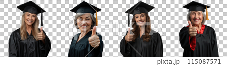 Beautiful woman over 50 in cap and gown for graduation ceremony. Elderly graduate. 115087571