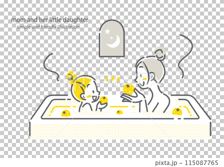 A mother and a girl enjoying a yuzu bath - simple and stylish line drawing illustration 115087765
