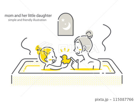 バスタイムを楽しむお母さんと女の子　シンプルでお洒落な線画イラスト 115087766