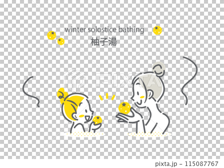 A mother and a girl enjoying a yuzu bath - simple and stylish line drawing illustration 115087767