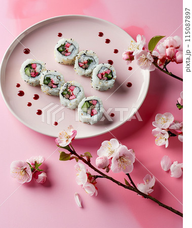 Aesthetic flat lay sushi plate with chopsticks over pink background with sakura branches as decor 115087897