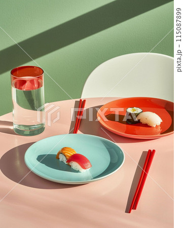 Product photo three plates of sushi and rolls on table in a restaurant or kitchen. 115087899