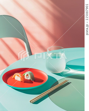 Product photo three plates of sushi and rolls on table in a restaurant or kitchen. 115087901