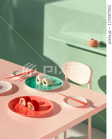 Product photo three plates of sushi and rolls on table in a restaurant or kitchen. Product photo three plates of sushi and rolls on table in a restaurant or kitchen. 115087902