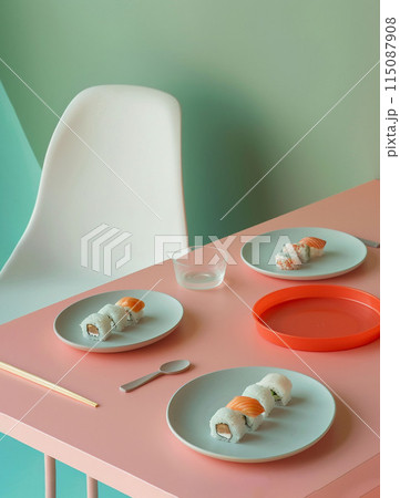 Product photo three plates of sushi and rolls on table in a restaurant or kitchen. Product photo three plates of sushi and rolls on table in a restaurant or kitchen. 115087908