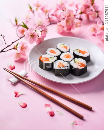 Aesthetic flat lay sushi plate with chopsticks over pink background with sakura branches as decor 115087914