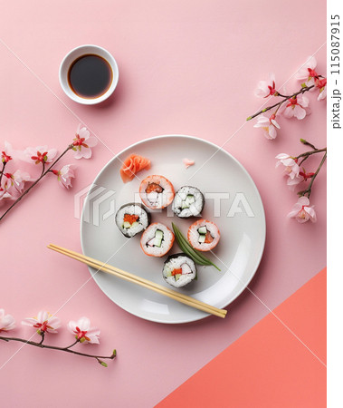 Aesthetic flat lay sushi plate with chopsticks over pink background with sakura branches as decor 115087915