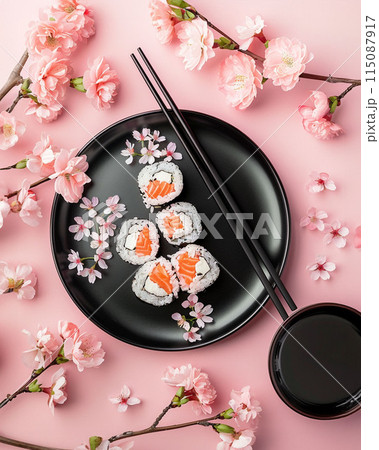 Aesthetic flat lay sushi plate with chopsticks over pink background with sakura branches as decor 115087917