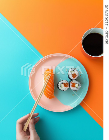 Creative layout flat lay sushi plate. Pastel colors 115087930
