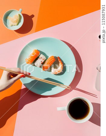 Creative layout flat lay sushi plate. Pastel colors Creative layout flat lay sushi plate. Pastel colors 115087931