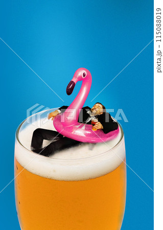 Businessman lying on floating ring in lager foamy beer glass and enjoying vacation time on blue background. Contemporary art collage. Businessman lying on floating ring in lager foamy beer glass and enjoying vacation time on blue background. Contemporary art collage. 115088019