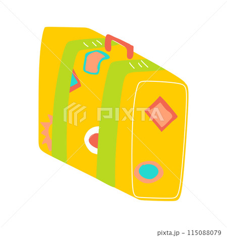 Vector Travelers Vintage Leather Suitcase with Airport Stickers on it. Cartoon Flat Colorful illustration Isolated on White background. Vacation Concept Design Art, Luggage Graphic Element for Sticker Vector Travelers Vintage Leather Suitcase with Airport Stickers on it. Cartoon Flat Colorful illustration Isolated on White background. Vacation Concept Design Art, Luggage Graphic Element for Sticker 115088079