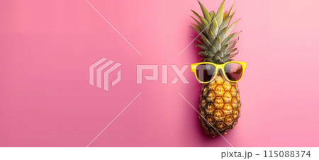 Summer banner concept. Pineapple wearing sunglasses - summer background with copy space Summer banner concept. Pineapple wearing sunglasses - summer background with copy space 115088374