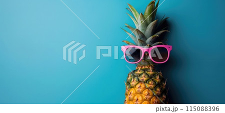 Summer banner concept. Pineapple wearing sunglasses - summer background with copy space 115088396