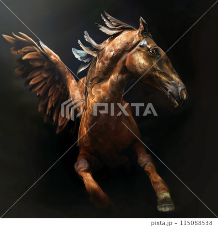 Winged bay horse covered with feathers, resembling a Pegasus 115088538