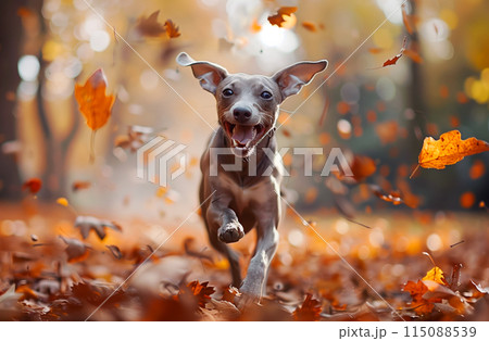 Italian Greyhound joyfully running through a park with autumn leaves falling 115088539