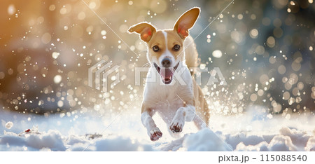 Jack Russel terrier joyfully running through the snow on a sunny winter day 115088540