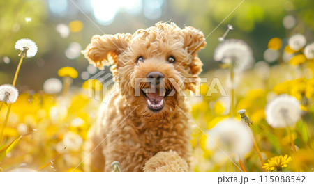 Labradoodle joyfully running through a field of dandelions on a sunny day 115088542