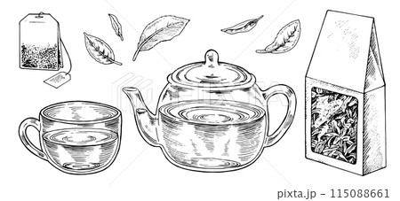 Tea Set Vector Outline Illustration. Hand drawn graphic clipart of cup with pot and leaves. Black line art of tea bag and cardboard box of dried herbal drink. Drawing on isolated white background Tea Set Vector Outline Illustration. Hand drawn graphic clipart of cup with pot and leaves. Black line art of tea bag and cardboard box of dried herbal drink. Drawing on isolated white background 115088661