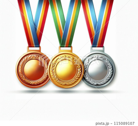 Gold, silver and bronze medals with colorful ribbon flat icons for sports apps Gold, silver and bronze medals with colorful ribbon flat icons for sports apps 115089107