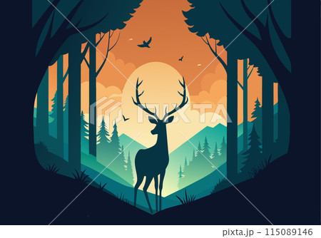 A deer is standing in a forest with a sunset in the background 115089146