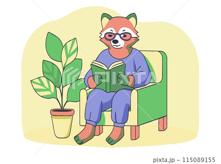 A cartoon bear is sitting in a chair reading a book 115089155