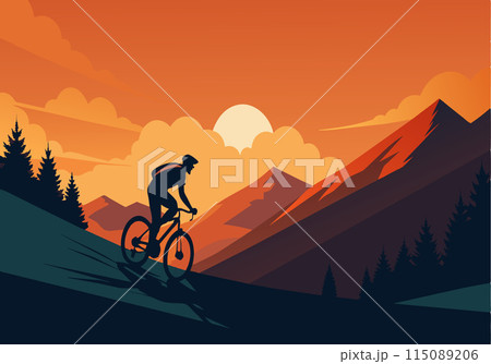 A man is riding a bike down a mountain trail 115089206