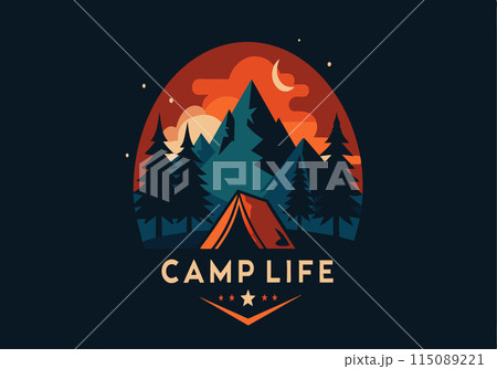 A colorful design of a mountain with a tent and a star 115089221