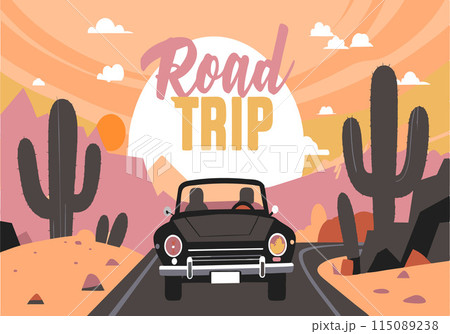 A cartoon of a car driving down a road with a sign that says Road Trip 115089238