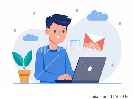 A man is sitting at a desk with a laptop and a potted plant A man is sitting at a desk with a laptop and a potted plant 115089360