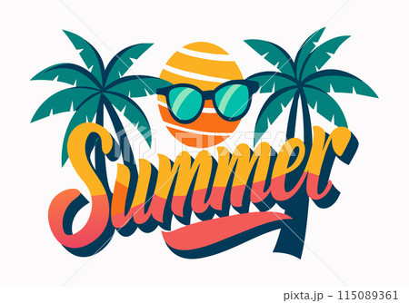 A colorful poster with a palm tree and a sun with sunglasses on it A colorful poster with a palm tree and a sun with sunglasses on it 115089361