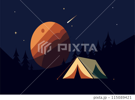 A tent is set up in front of a large orange planet 115089421