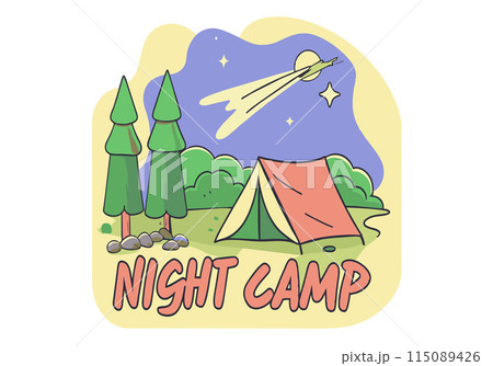 A cartoon drawing of a tent and trees with a star in the sky 115089426