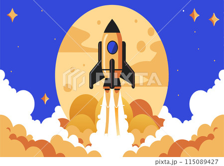 A rocket is flying through the sky above a large planet 115089427