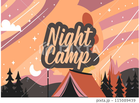 A poster for a night camp with a tent and a mountain in the background A poster for a night camp with a tent and a mountain in the background 115089439