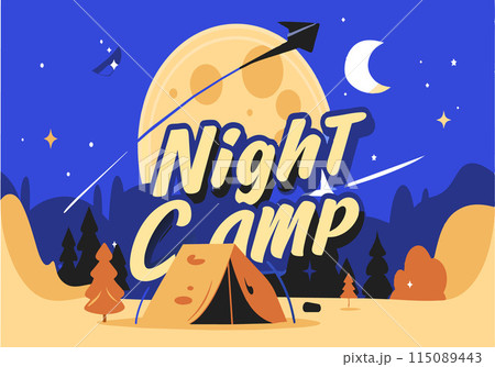 A poster for a night camp with a tent and a moon in the sky A poster for a night camp with a tent and a moon in the sky 115089443