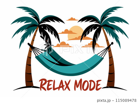 A relaxing scene with two palm trees and a hammock 115089478