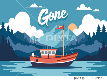 A boat is sailing on a lake with mountains in the background 115089549