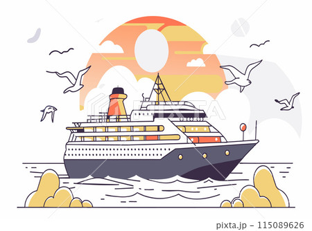 The sky is filled with birds flying around the ship, creating a sense of freedom 115089626