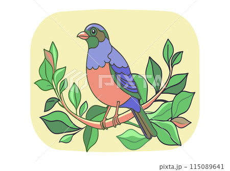 A colorful bird is perched on a leafy branch 115089641