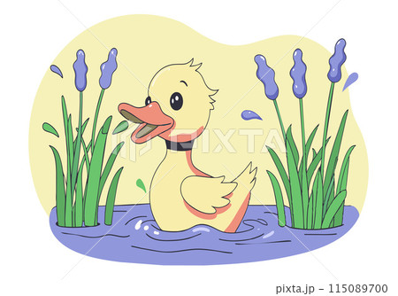 A cartoon duck is swimming in a pond with green plants A cartoon duck is swimming in a pond with green plants 115089700