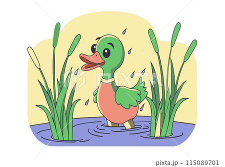 A cartoon duck is walking through a pond with green and yellow grass A cartoon duck is walking through a pond with green and yellow grass 115089701