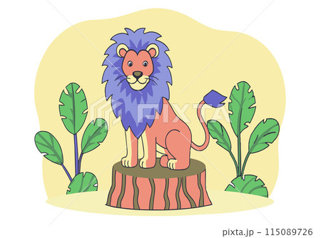 A cartoon lion is sitting on a log in a jungle 115089726